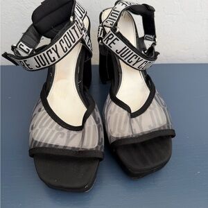 Juicy Couture Black Mesh Logo Block Heel Sandals with Ankle Straps